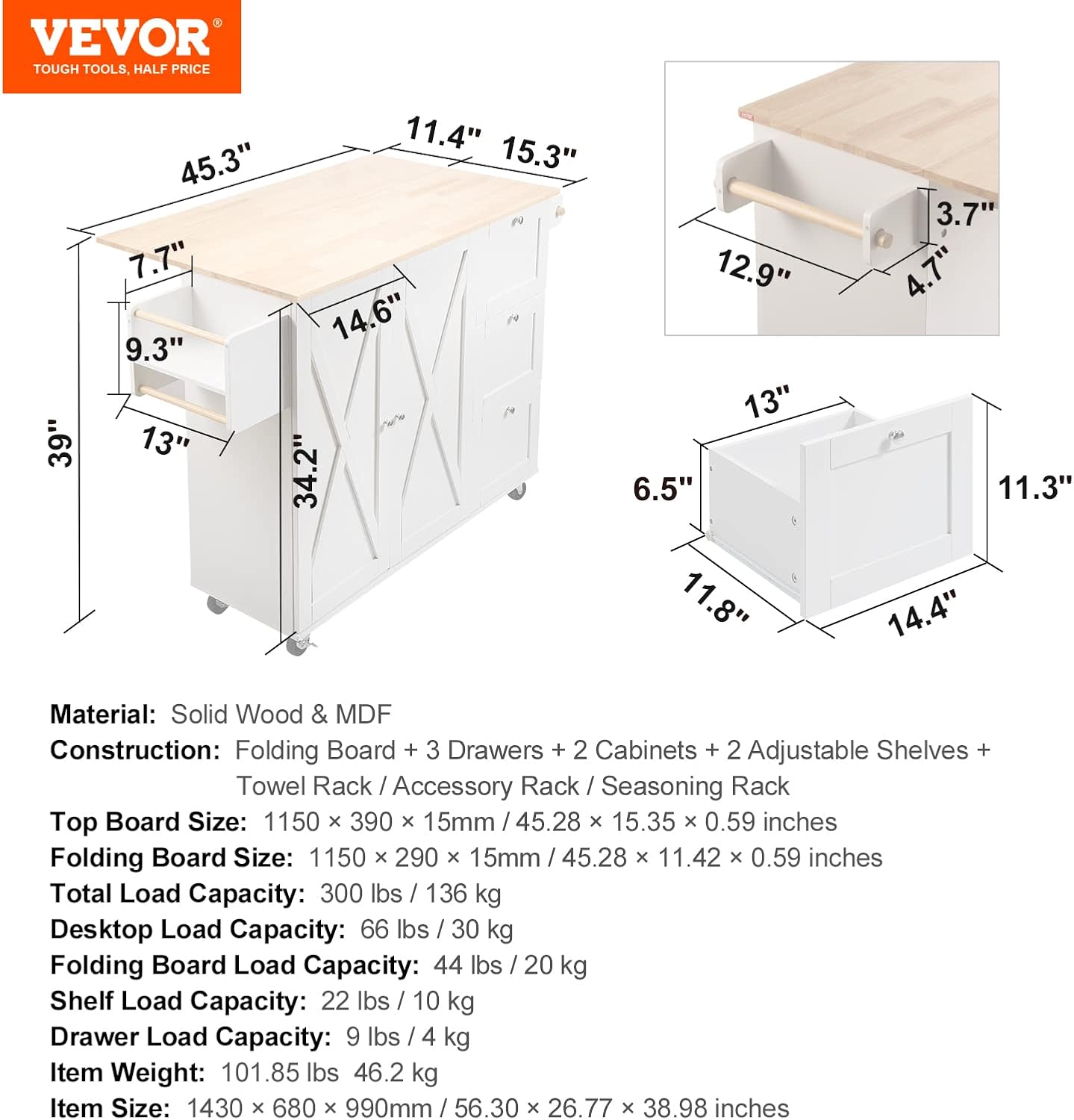 White Solid Wood Top Kitchen Island Cart with Storage Cabinet and Drop Leaf S871