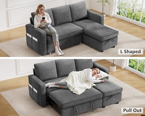 81" Chenille Grey L Shaped Sleeper Sofa with Pull Out Bed J204698