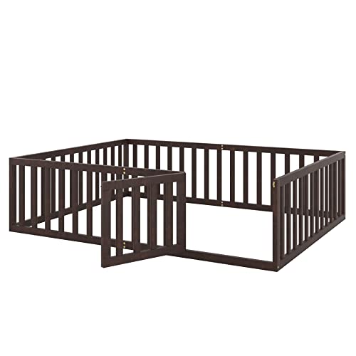 Twin Size Solid Wood Floor Bed Frame with Safety Fence X23444