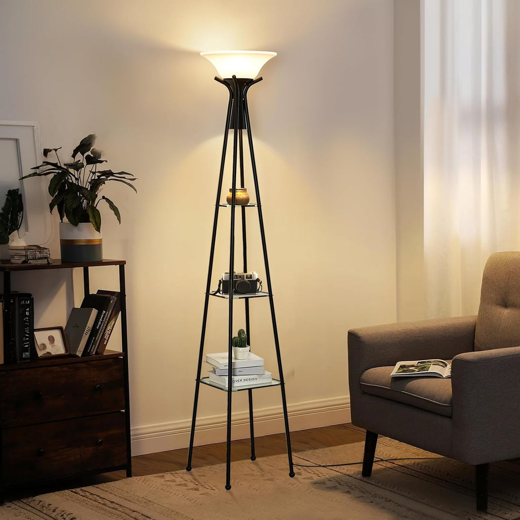 Black 69" Tall 3-Tier Glass Shelf Floor Lamp with 8W Bulb H595