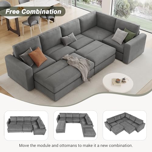 Gray Corduroy Modular Sofa with Two Ottomans J514554