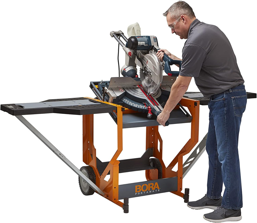 Miter Saw Workstation and Adjustable Pedestal Roller, Mobile Rolling Workbench with Additional Outfeed Support Pedestal Roller W510