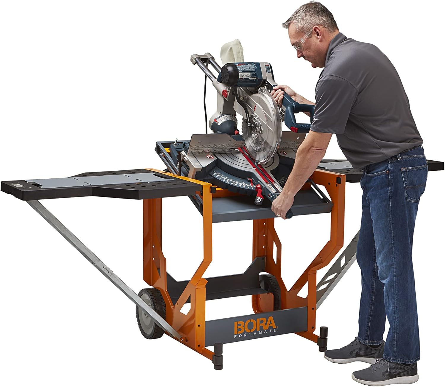 Miter Saw Workstation and Adjustable Pedestal Roller, Mobile Rolling Workbench with Additional Outfeed Support Pedestal Roller W510