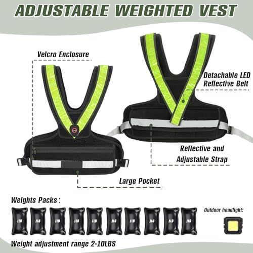 Weighted Vest with LED Reflective Belt and Outdoor Headlight, 2-10 lbs O88901