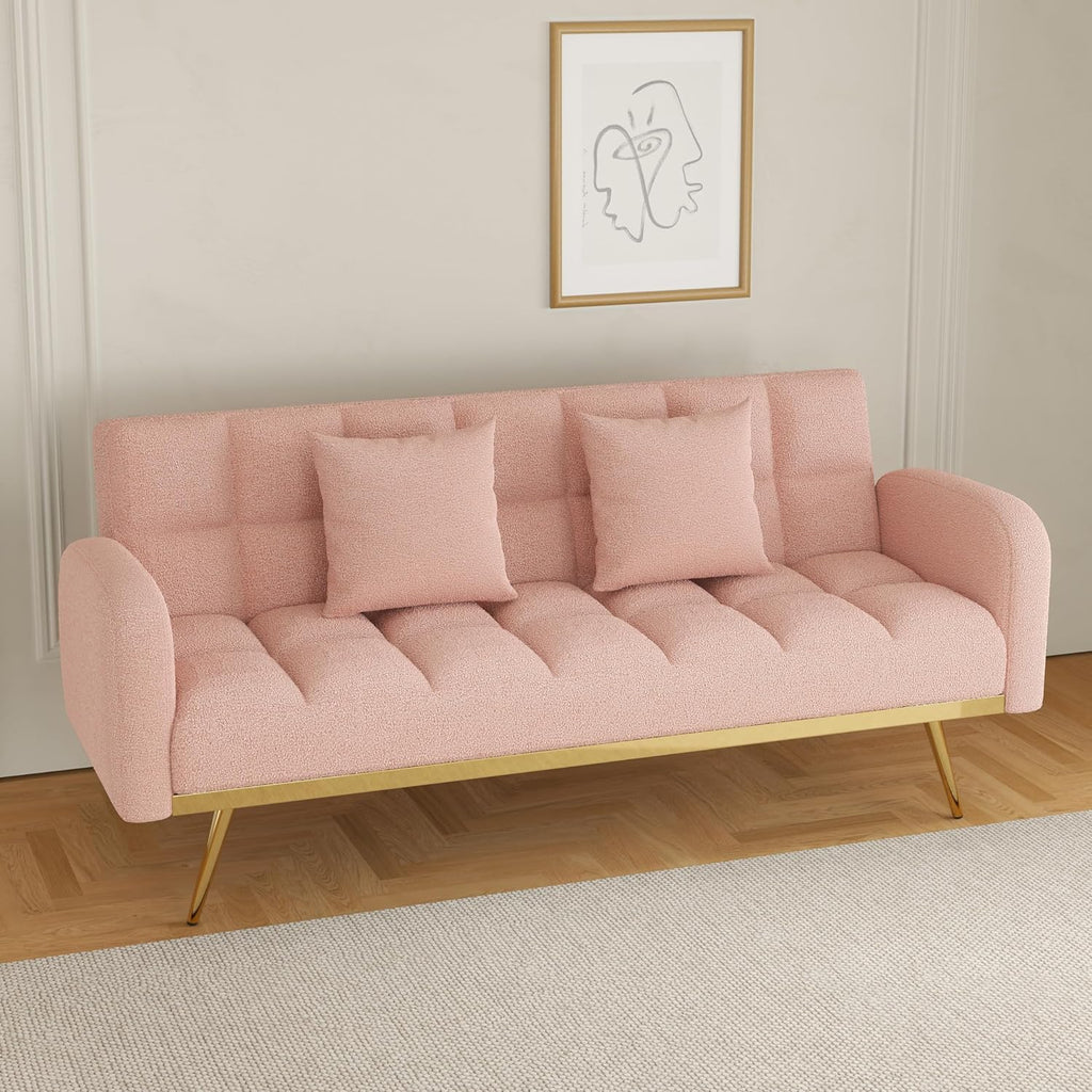 Pink Convertible Sleeper Loveseat Sofa 2-in-1 Adjustable Bed Futon Recliner with 2 Throw Pillows W7367