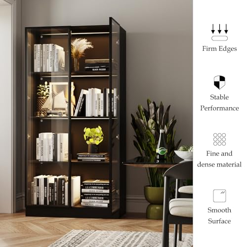 Black 3-Tier Display Cabinet with Glass Doors and Lights B667296