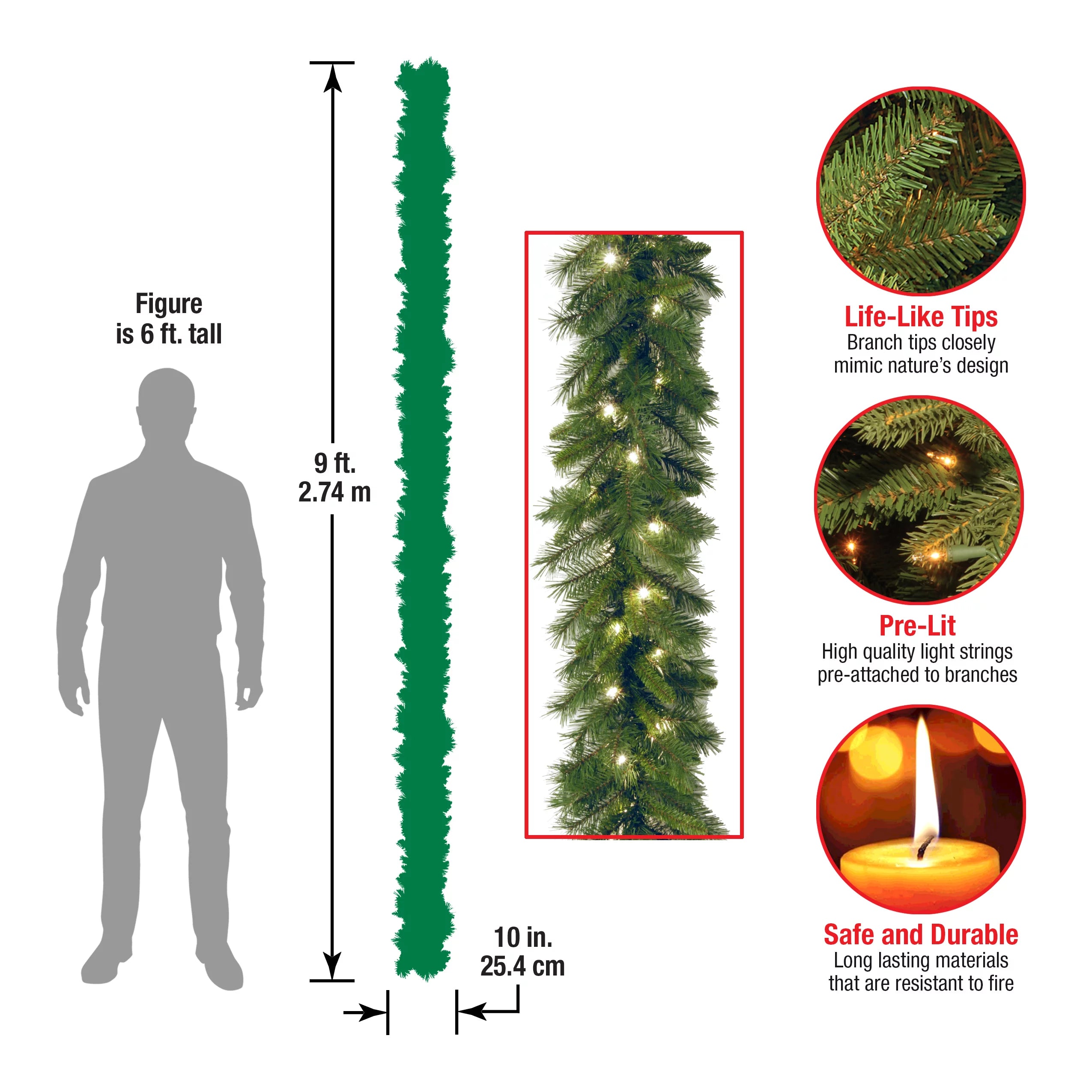 Pre-Lit Artificial Christmas Garland, Green, White Lights, 9 Feet R578050