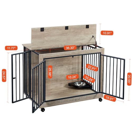 Large Dog Kennel Furniture with 1 Stainless Steel Bowls (43Inch Grey) R206