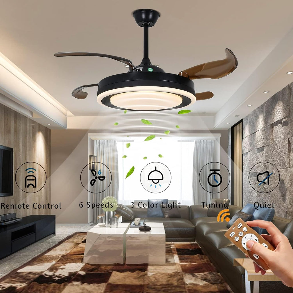 42 Inch Retractable Ceiling Fan with Lights Remote Silent Motor 6 Speed 3 Color Change Timer X69995
