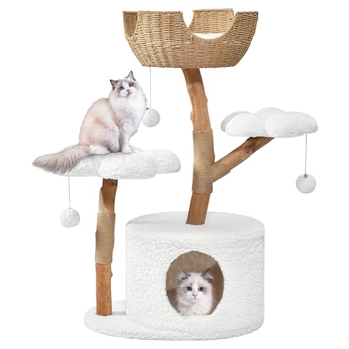 White Wood Cat Tree with Scratching Posts and Flower Platforms O520415