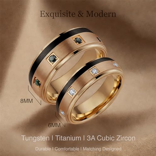 6mm & 8mm Tungsten Carbide Wedding Ring Sets with Clear and Black CZ Stones L225