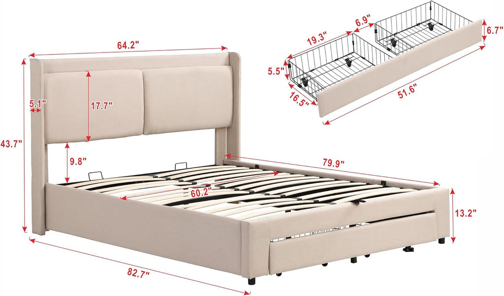 Beige Queen Size Platform Bed Frame with Lift Up Storage and 2 Drawers E7894