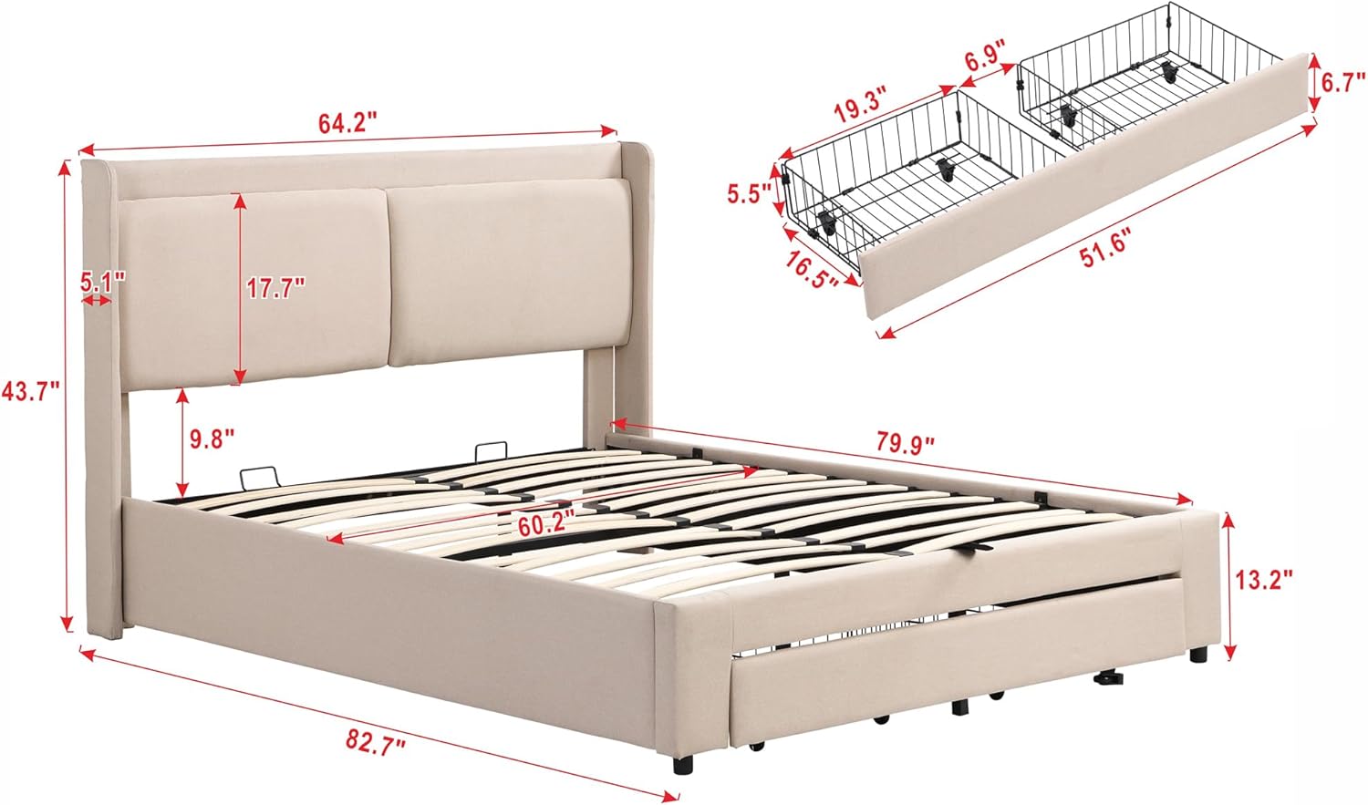 Beige Queen Size Platform Bed Frame with Lift Up Storage and 2 Drawers E7894
