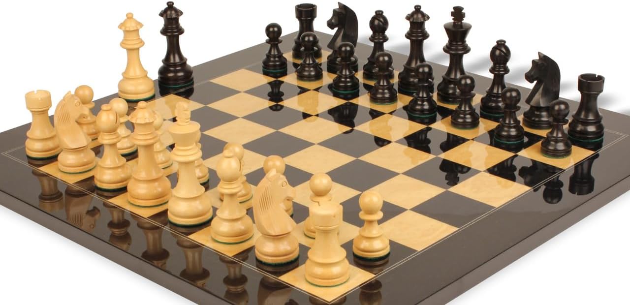 Ebonized & Boxwood Chess Set with Black & Ash Burl Chess Board - 3.75" King F483