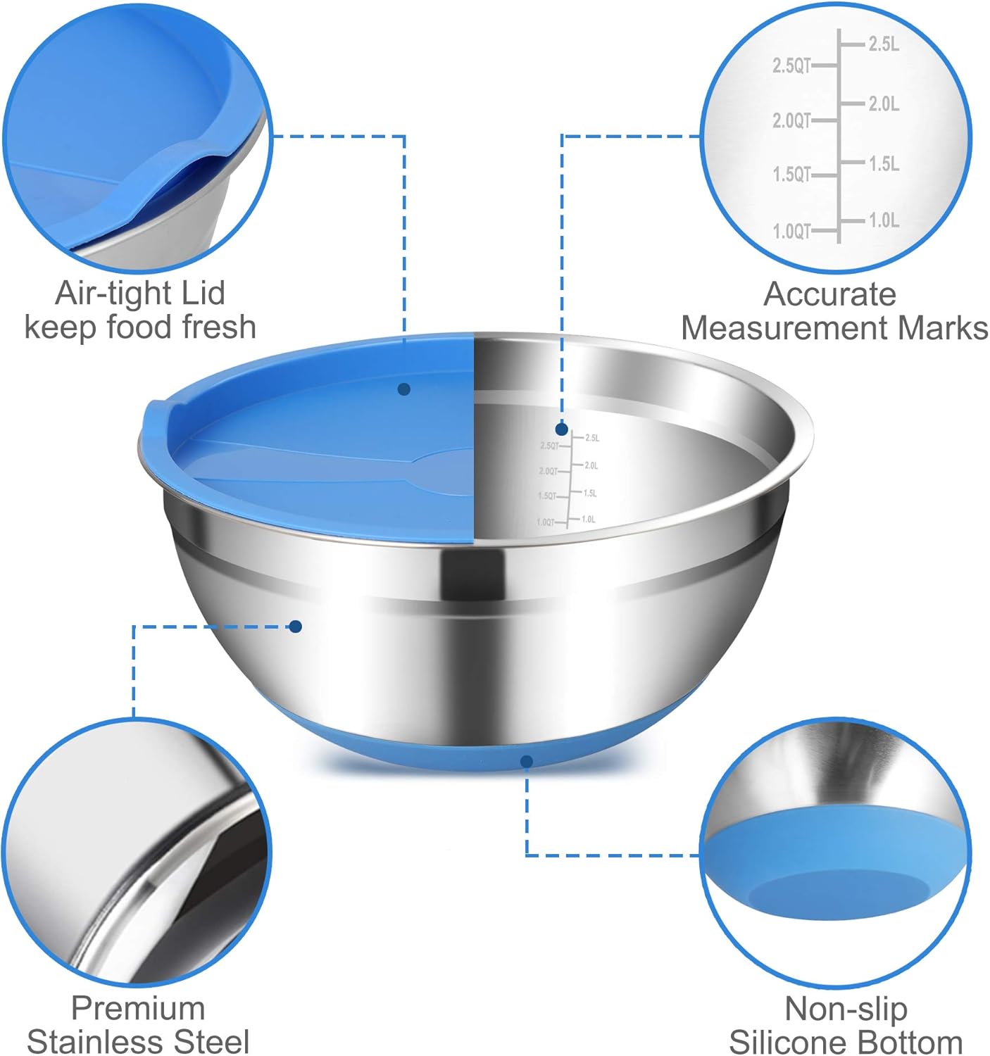 Set of 5 Stainless Steel Mixing Bowls with Airtight Lids H652