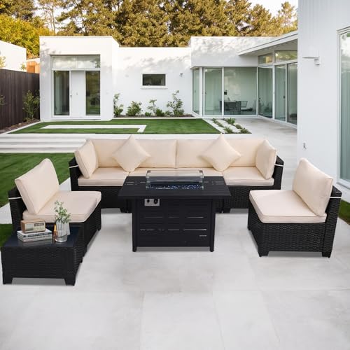 7 Pieces Patio Furniture Set with Cushions and Glass Coffee Table D4353
