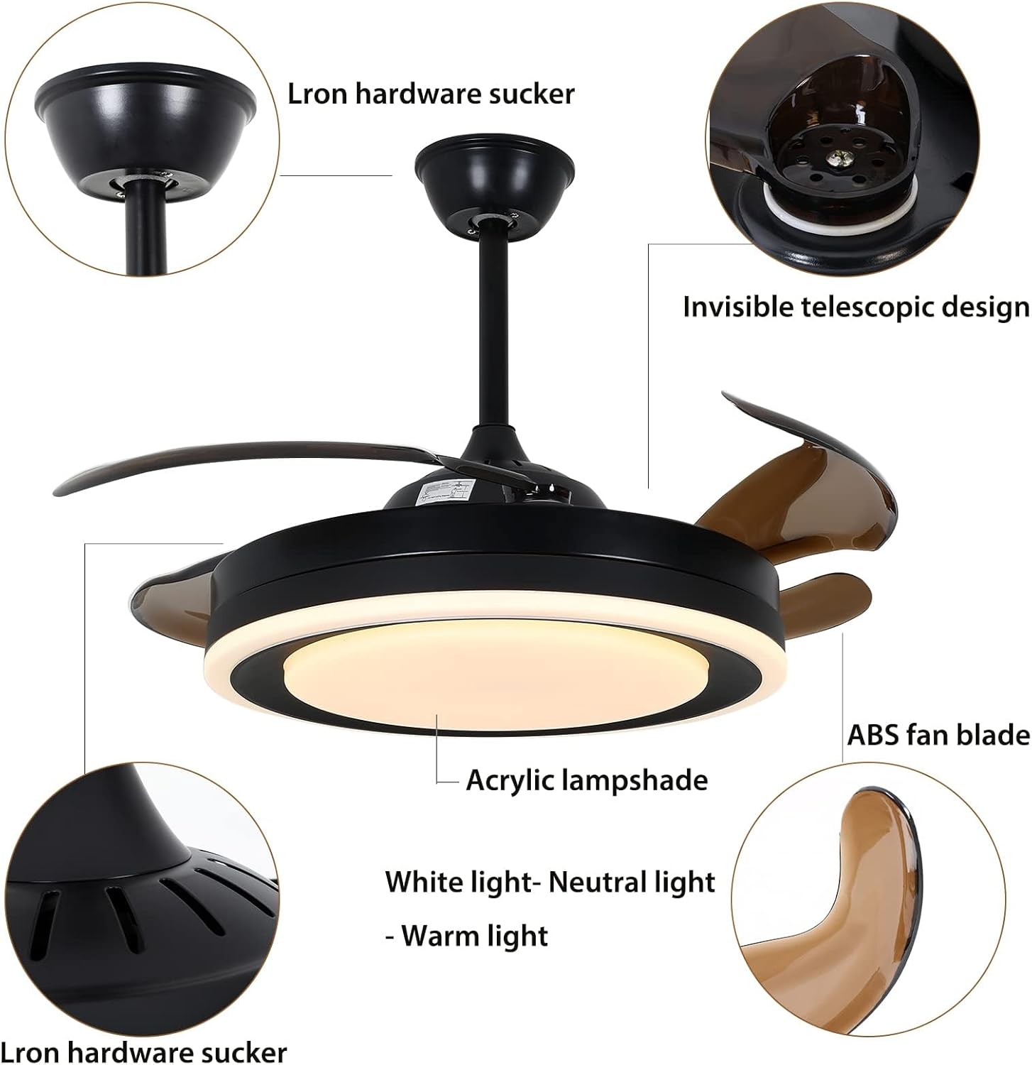 42 Inch Retractable Ceiling Fan with Lights Remote Silent Motor 6 Speed 3 Color Change Timer X69995