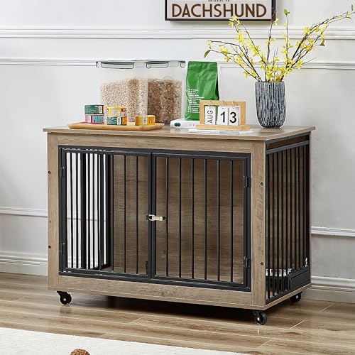 Large Dog Kennel Furniture with 1 Stainless Steel Bowls (43Inch Grey) R206