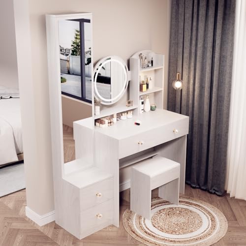 White Oak Makeup Vanity Set with Mirror and Stool L981