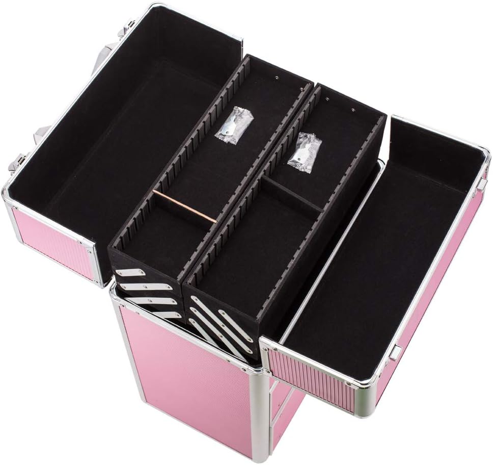 Rolling 4 Tiers Lockable Aluminum Makeup Travel Organizer Cosmetic Case Rose Pink H557