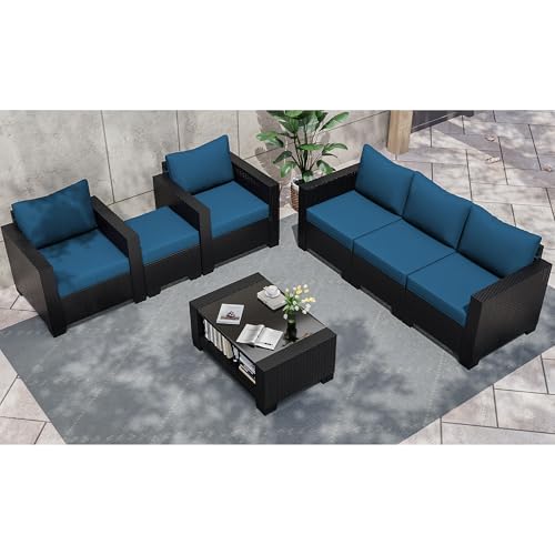 7 Pieces Patio Furniture Set with Cushions and Glass Coffee Table D4353