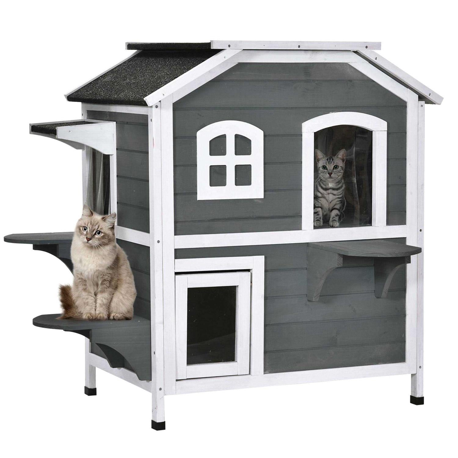 Wooden 2-Story Outdoor Cat House with Escape Door A8395