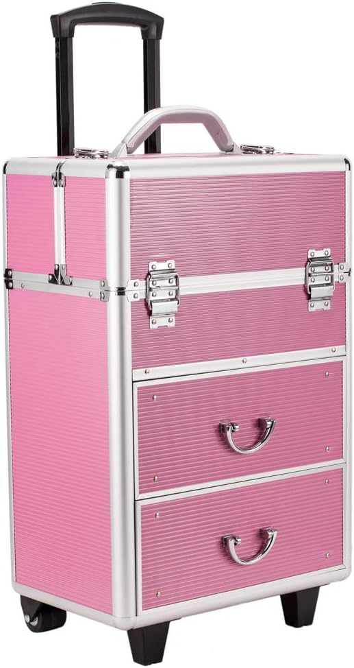 Rolling 4 Tiers Lockable Aluminum Makeup Travel Organizer Cosmetic Case Rose Pink H557