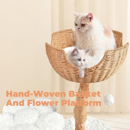 White Wood Cat Tree with Scratching Posts and Flower Platforms O520415