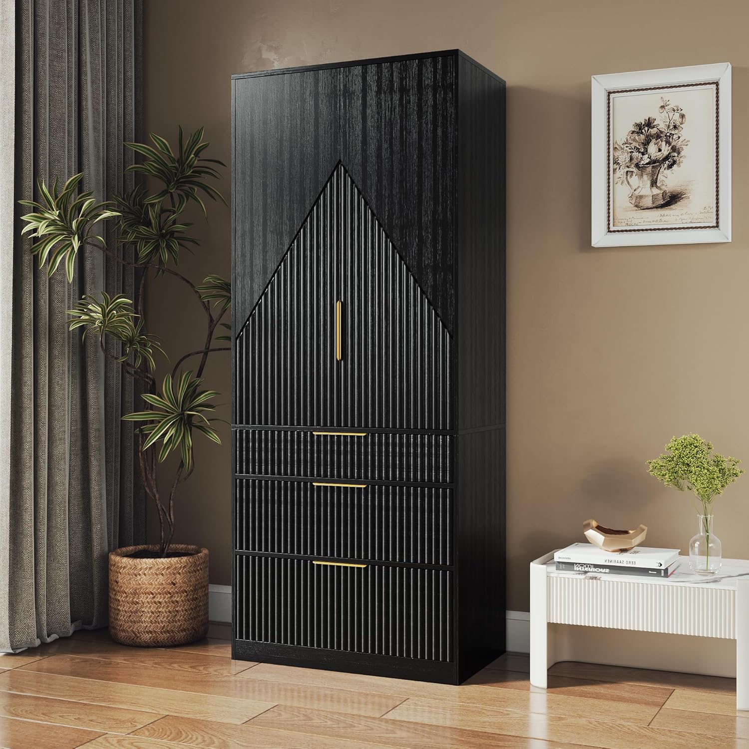 Black Wooden Wardrobe Armoire with 2 Doors and 3 Drawer S78274
