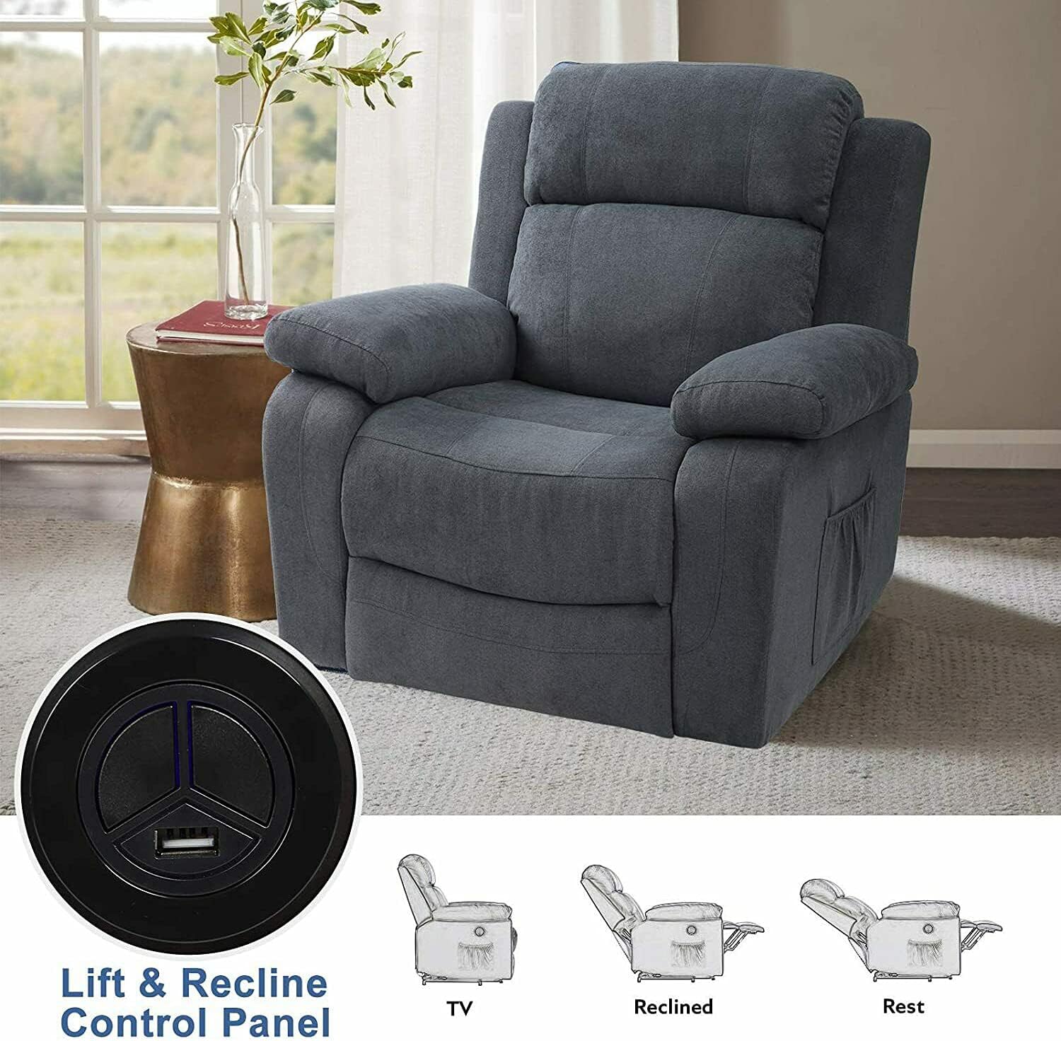 Grey Linen Electric Power Lift Recliner Sofa with Remote Control J852853