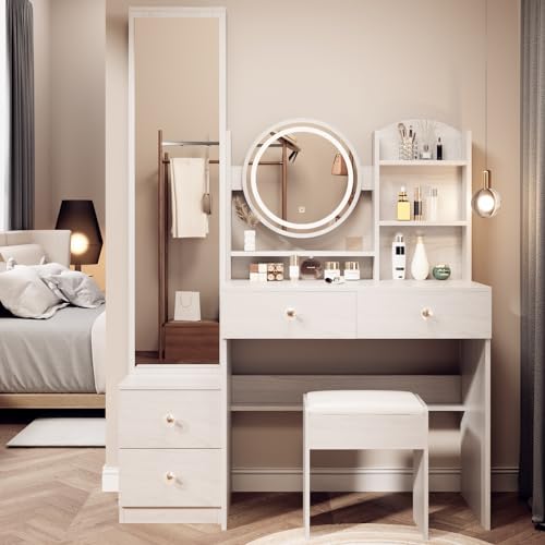 White Oak Makeup Vanity Set with Mirror and Stool L981