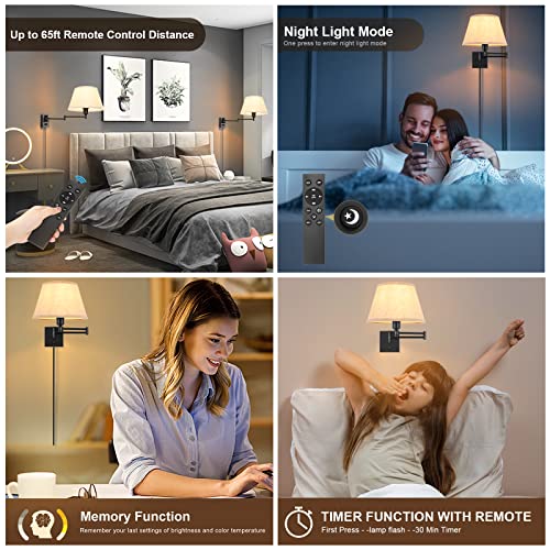 2 Pack Plug In Wall Sconces with Remote Control, White Fabric Shade H48770