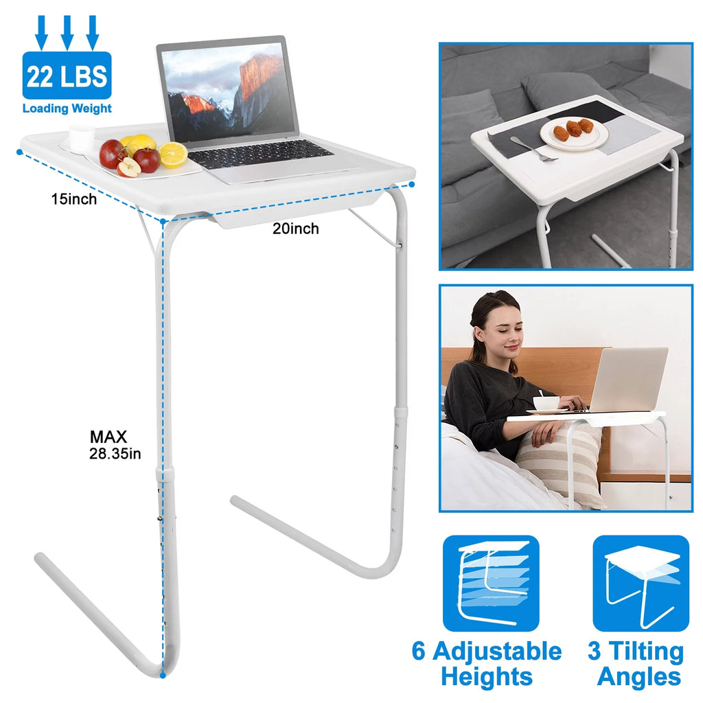 White Folding Snack TV Tray Table, Adjustable Height & Angle Tray, 20" x 15" W15248