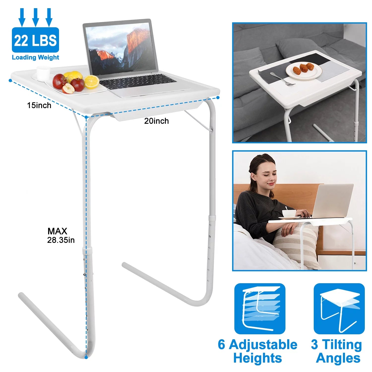 White Folding Snack TV Tray Table, Adjustable Height & Angle Tray, 20" x 15" W15248
