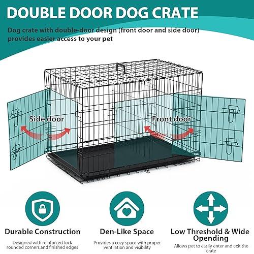 Black Double-Door Folding Metal Wire Dog Crate with Plastic Tray N638137