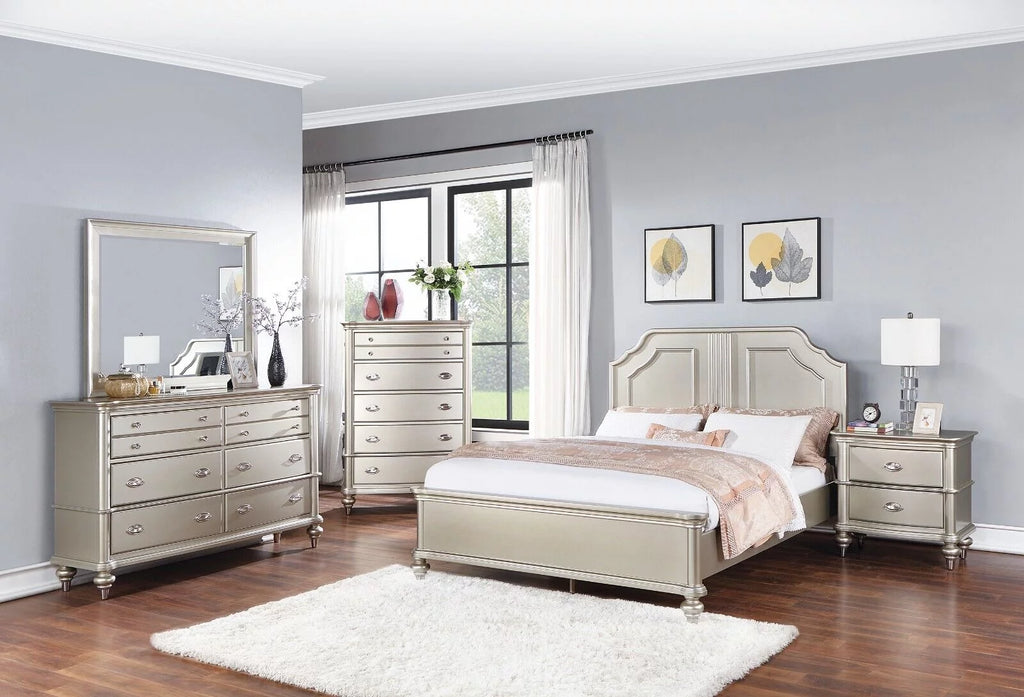 4pc Silver Eastern King Size Bed Dresser Mirror Nightstand Furniture N7889