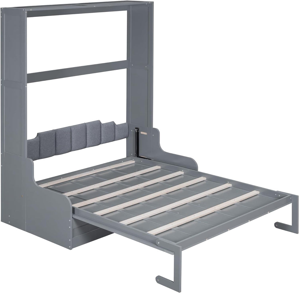 Queen Size Solid Wood Murphy Bed with Upholstered Headboard (Gray) Z790104