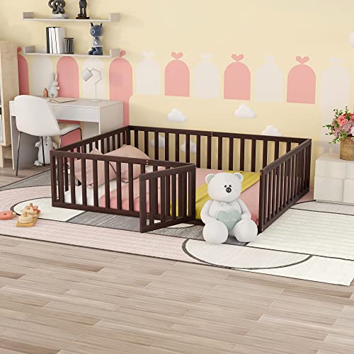 Twin Size Solid Wood Floor Bed Frame with Safety Fence X23444
