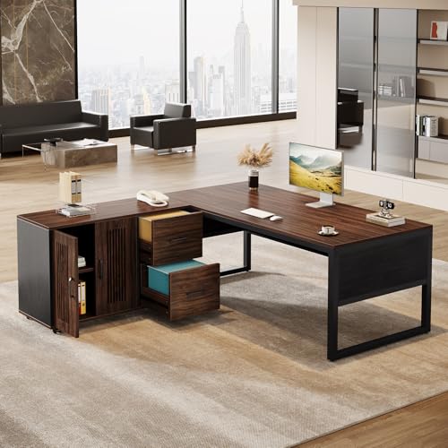 63-Inch L-Shaped Executive Desk with Mobile File Cabinet, Drawers and Storage Shelves, Dark Walnut & Black U47691