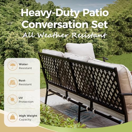 Navy Blue 4 Pcs Metal Outdoor Patio Furniture Set with 3-Seat Sofa, 2 Swivel Chairs, Coffee Table and Cushion N507