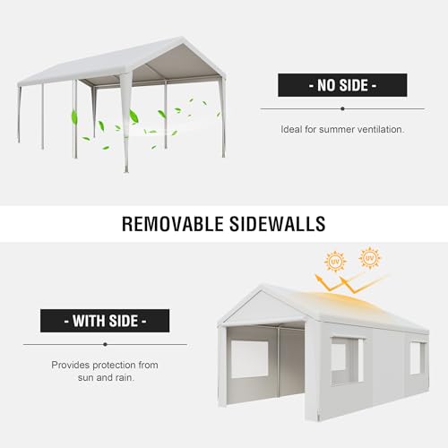 Gray 10' x 20' Heavy Duty Car Canopy Portable Garage with Removable Sidewalls and Roll-up Ventilated Doors & Windows L6775