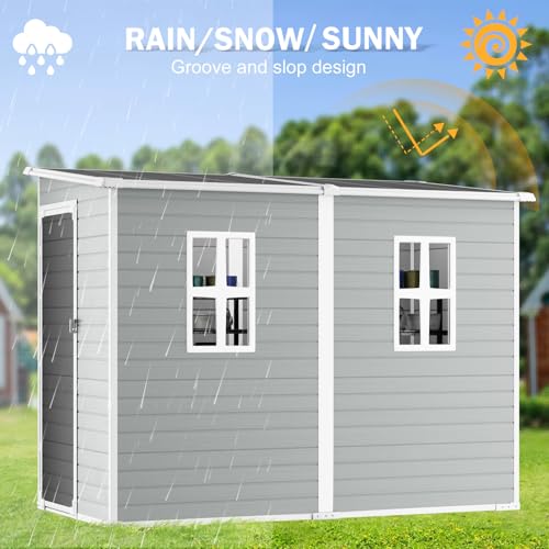 8x6 FT Resin Outdoor Storage Shed with Floor & Lockable Door & 2 Windows, Dove Grey Y58879