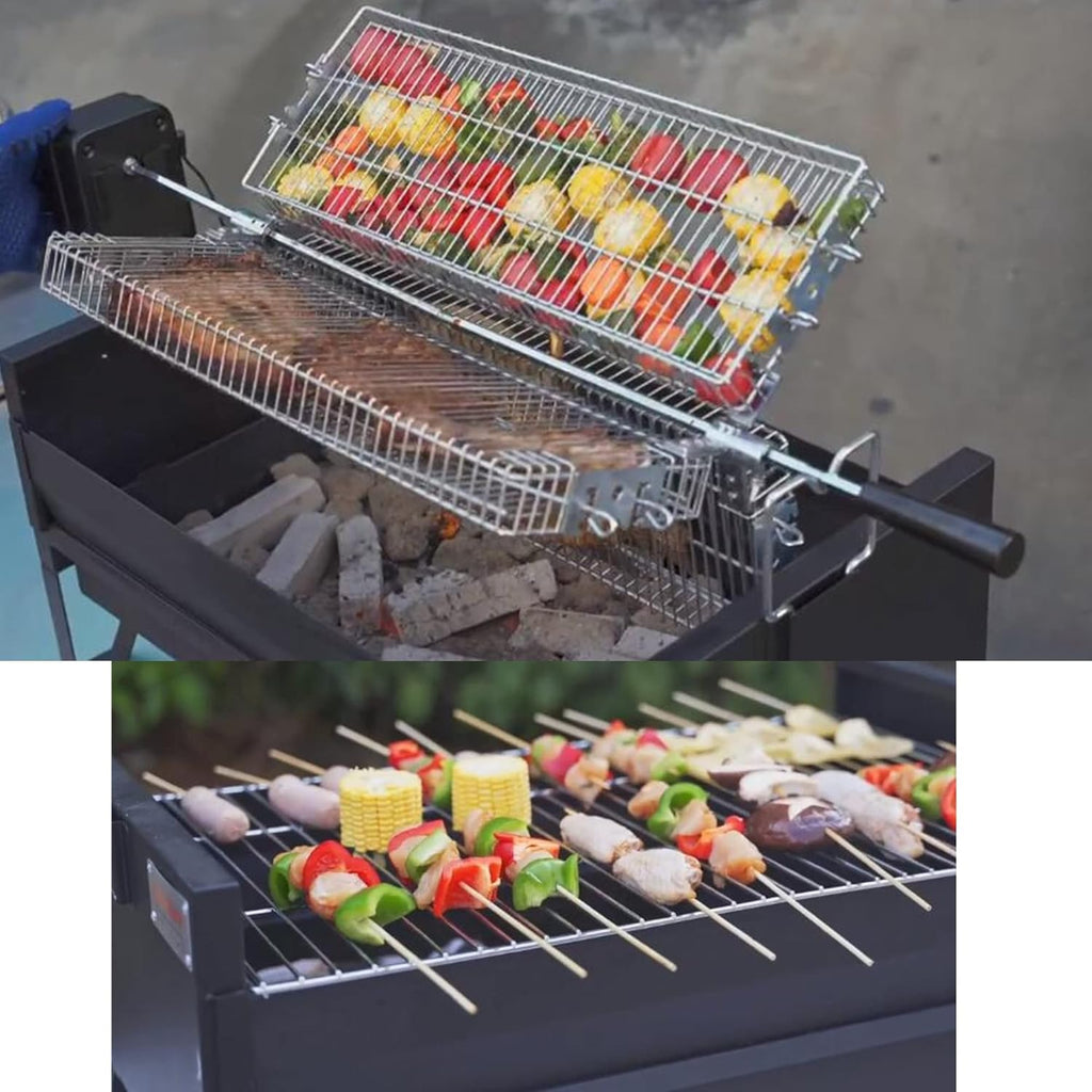2 IN 1 Charcoal Grill Rotisserie Kit with 3 Stainless Steel Rotating Baskets and 24 In Grill Grate P712961