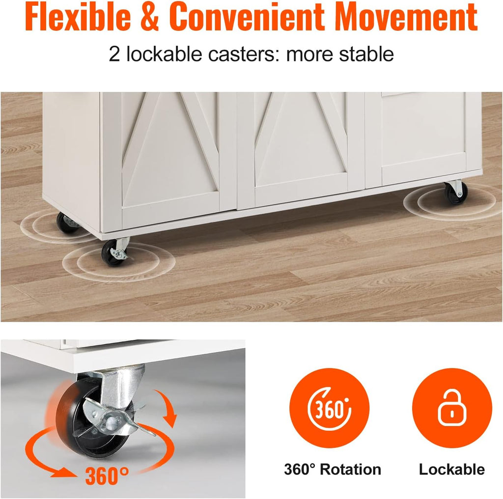 White Solid Wood Top Kitchen Island Cart with Storage Cabinet and Drop Leaf S871
