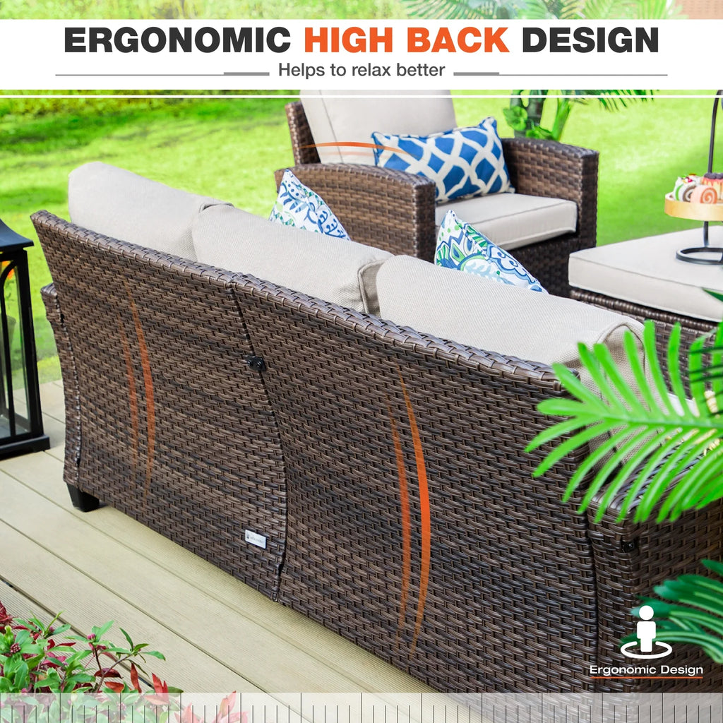 Beige 9-Seat Outdoor Patio Furniture Set with Fire Pit Table X4495