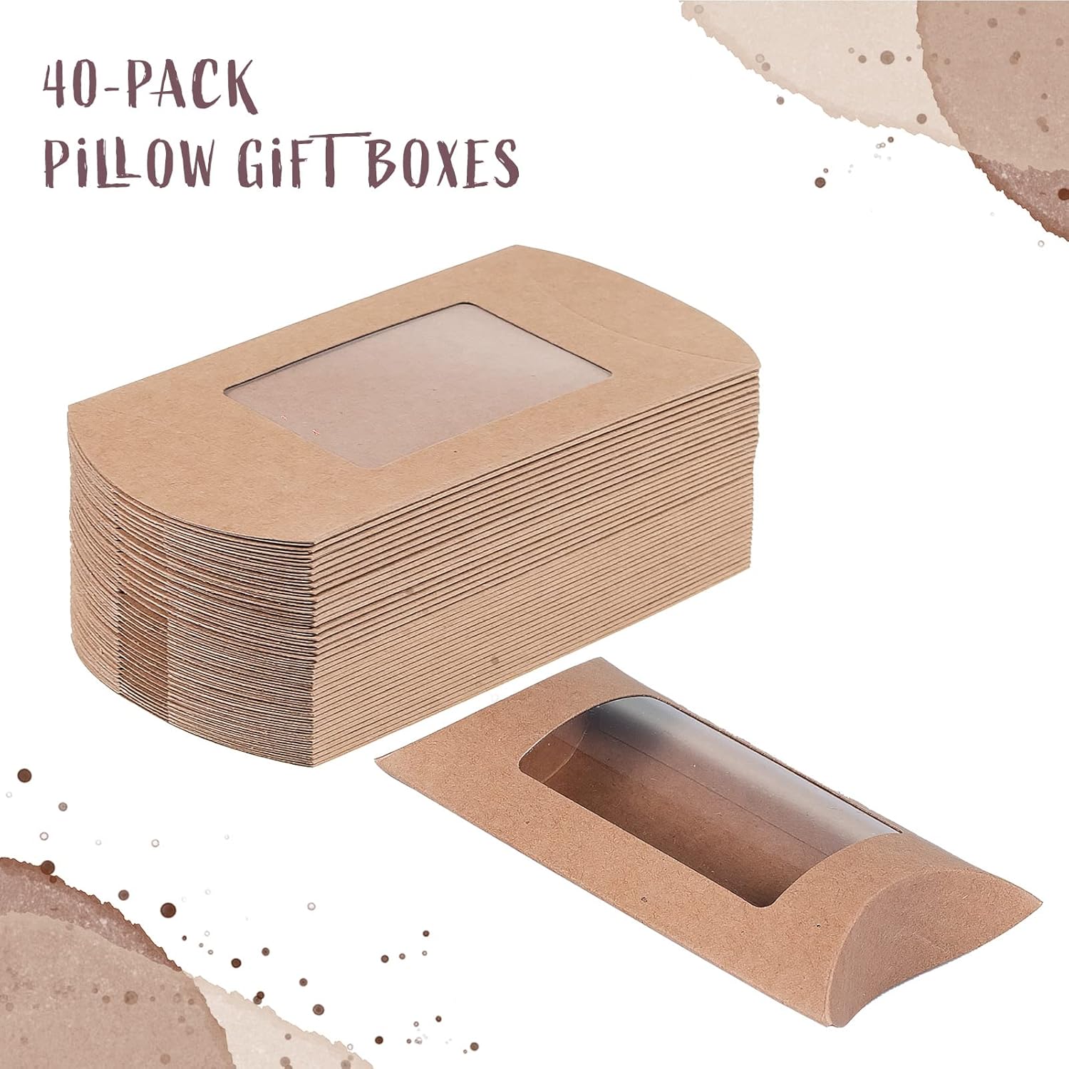40-Pack Kraft Pillow Gift Boxes with Windows, 5 x 3 x 1.2 inches I395075