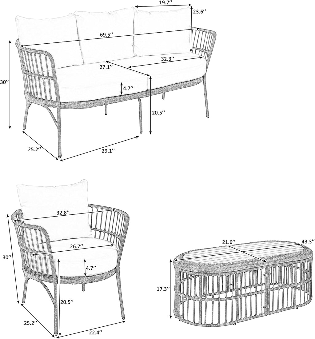 4-Piece Rattan Outdoor Patio Conversation Set with Coffee Table (Brown Grey) R13544