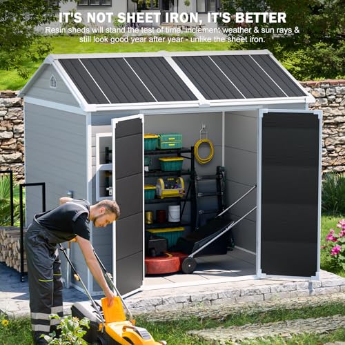 8x6 FT Resin Outdoor Storage Shed with Floor & Lockable Door & 2 Windows, Dove Grey Y58879