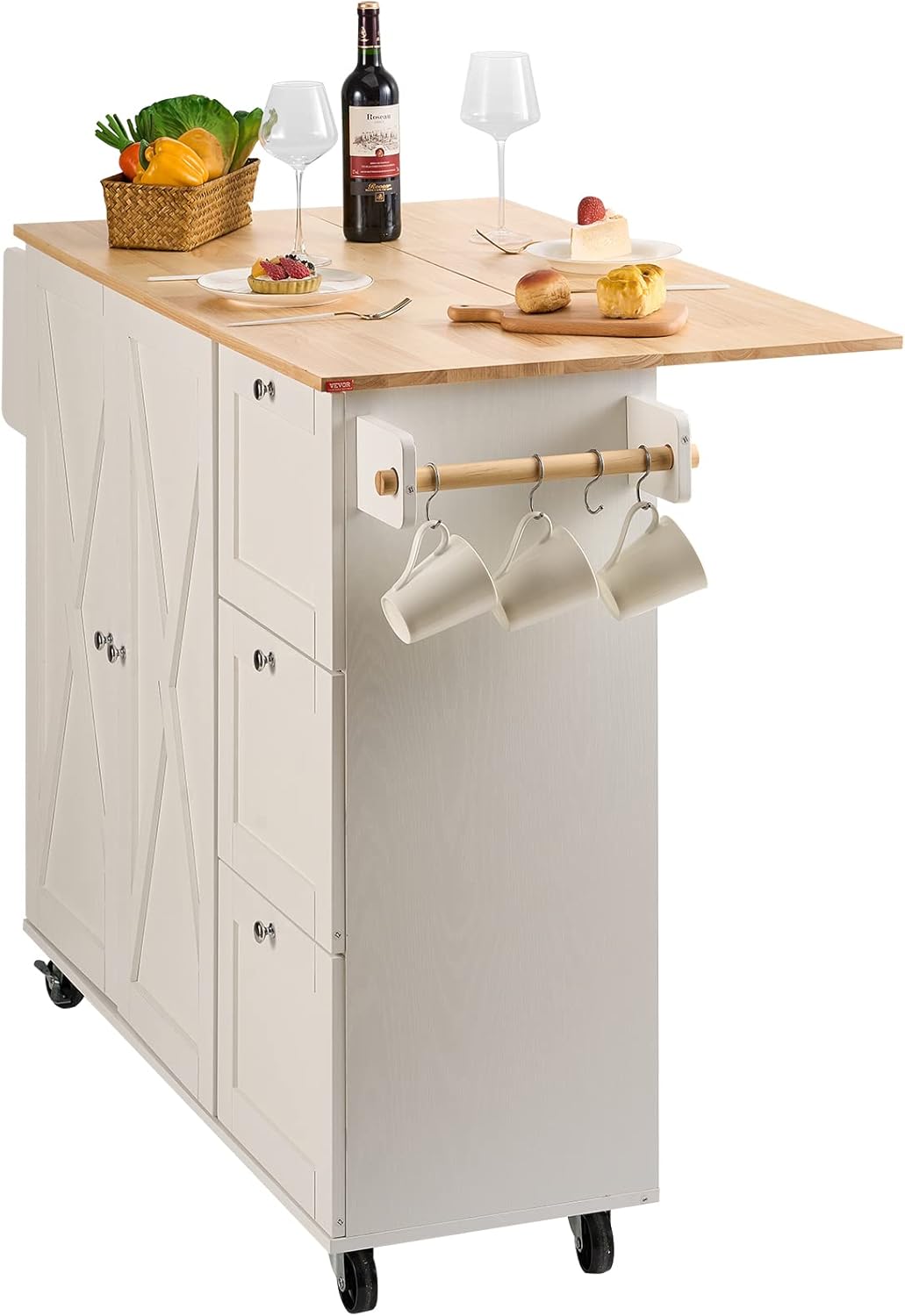 White Solid Wood Top Kitchen Island Cart with Storage Cabinet and Drop Leaf S871