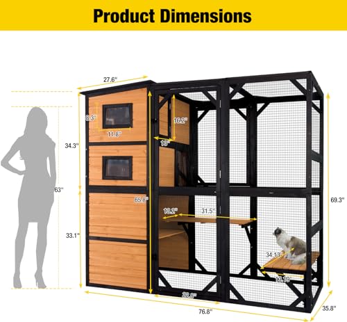 Large 4 Tiers Cat Enclosures House with Weatherproof Roof 70" H 77" L U576625